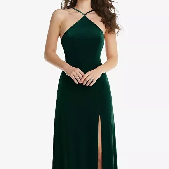 Dessy LB034....High Neck Halter Open-Back Velvet Dress...Evergreen...Size 10 - Picture 1 of 7